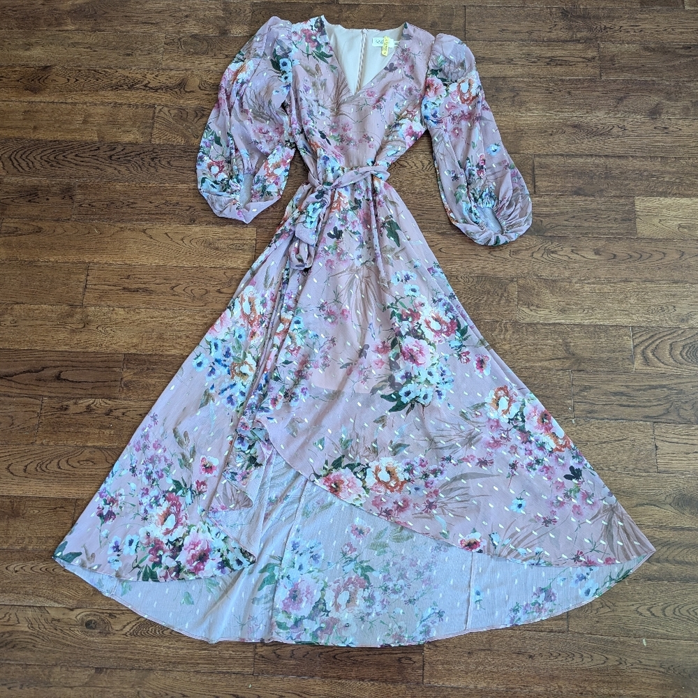 EUC Eliza J High Low Floral Midi Dress Faux Wrap W/ Belt Sheer Chiffon Size 2